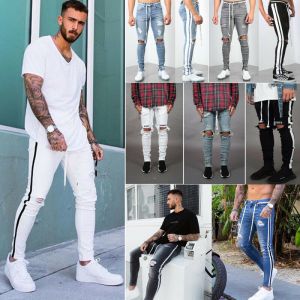 !Style for you מכנסיים Men Skinny jeans Slim Fit Pant Frayed Jeans Denim Pant Casual Pants stripe Pant
