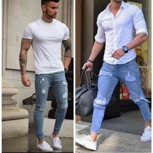 !Style for you מכנסיים NEW Men Stretchy Ripped Skinny Biker Jeans Destroyed Taped Slim Fit Denim Pants